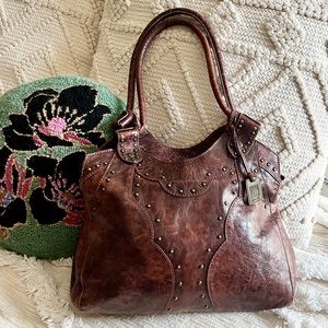 Frye Distressed Cognac Brown Leather Western Studded Purse